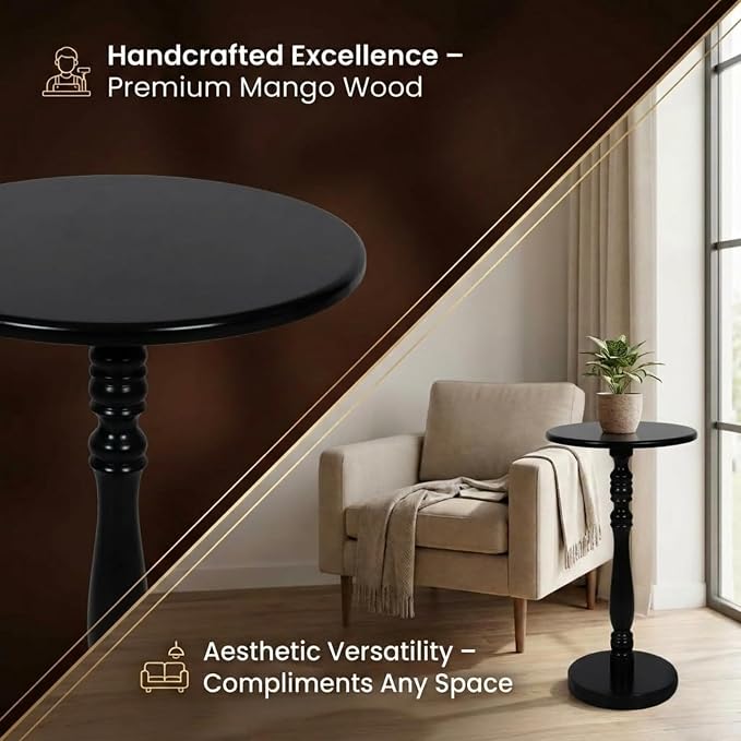Relso Stambha Solid Wood Drink Table - 24" Tall Round Accent Side Table, Handcrafted Black Finish, Mango Wood, Perfect for Living Room, Bedroom or Indoor Plant Stand, 12" Compact Top