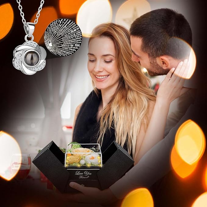 ENERLEAF 3 Preserved Champagne Real Rose-Eternal Flowers Rose Gifts for Mom Grandma Wife Girlfriend on Mothers Day Birthday Valentines Christmas Gifts for Her with I Love You Necklace