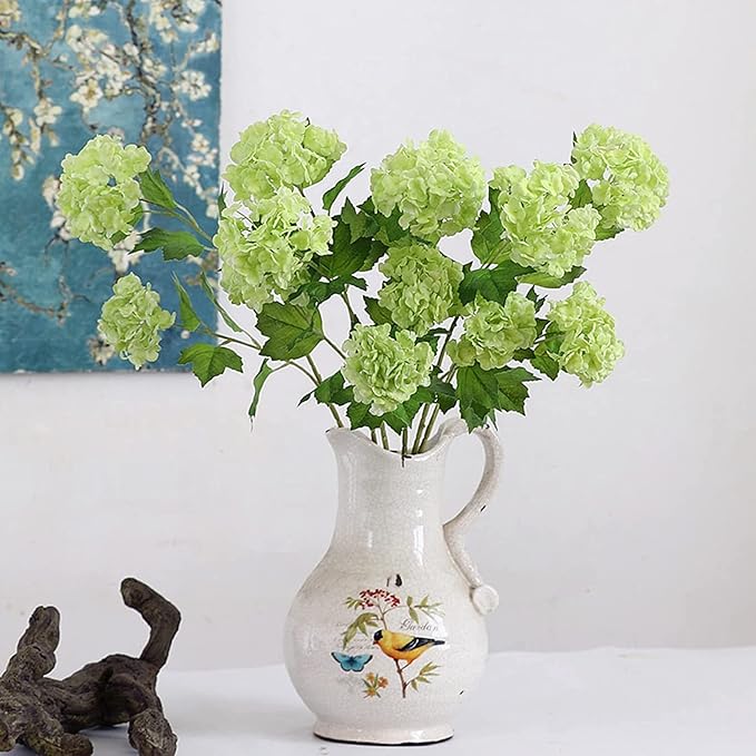 RUZUQE YalzoneMet 4pcs Viburnum Artificial Flower Snowball 26.8'' Long Stem Green Small Hydrangea Flower Real Touch Lifelike Latex Flower for Home Christmas Decoration Xmas Table Flower