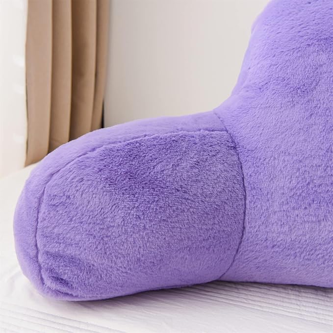 A Nice Night Faux Fur Reading Pillow Bed Wedge Adult Children Backrest with Arms Back Support for Sitting Up in Bed/Couch for Bedrest,Large Size,Light Purple