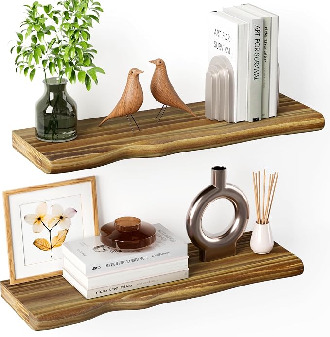 Solid Wood Live Edge Floating Shelves Set of 2 – 24" Rustic Wall Shelf with Hidden Bracket System, Wall Mounted Shelves for Bathroom, Kitchen, Living Room, Bedroom (Glazed)