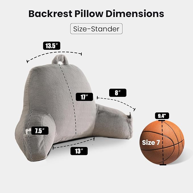 Soft Reading Pillow for Bed with Arms,Middle,Gray,Faux Fur | 17" Backrest with Arms for Gaming & Lounging,Oeko-TEX Certified Plush Back Pillow for Teens Room