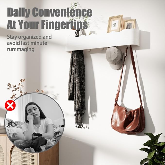 Coat Rack Wall Mount with Shelf 8 Hidden Hooks Modern Wooden Key Holder Entryway Organizer for Hallway Bedroom Bathroom Home Decor Storage for Hanging Coats Hats Bags Towels, Wave-Shape White