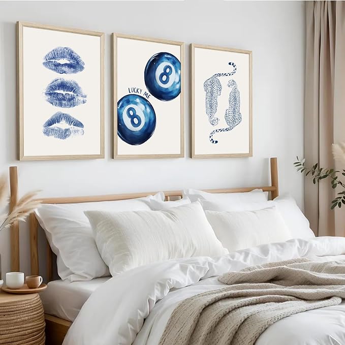 Leopard Wall Art Cheetah Canvas Prints Trendy 8 Ball Wall Decor Preppy Aesthetic Poster Lucky Leopard Pictures Funky Painting Navy Kiss Artwork for Bedroom Living Room 16x24 Inch Wood Framed Set of 3