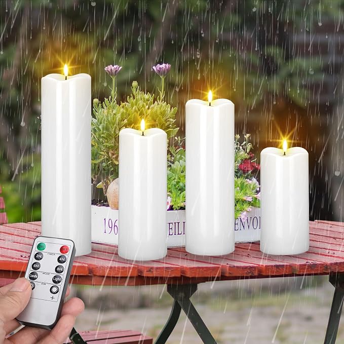 Rossesay 8" 10" 12" 14" x 4" Large Waterproof Outdoor Flameless Candles, 4 Pcs LED Pillar Candles with Remote and Timers Battery Operated Jumbo Flickering for Home Patio Church Lanterns(White)