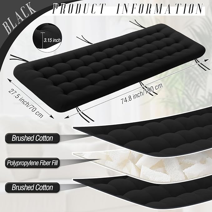 Vercraft Long Floor Cushion Large Floor Cushion with Brushed Cotton 74.8 x 27.5 x 3.15 in Jumbo Lounger Pillow for Outdoor Indoor Bay Window Meditation Yoga Reading Sleeping(1 Pc,Black)
