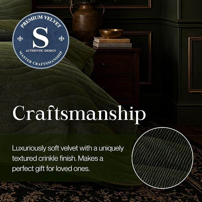 DOWN HOME Crinkle Textured Velvet Quilt Set with Shams, All-Season Luxury Modern Bedding,Easy Care Comforter,Ultra-Soft,Lightweight & Breathable, King, Courtyard Green