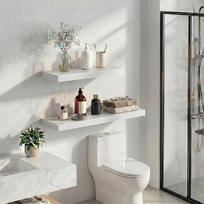 Heimlove 16 inchs Floating Shelves for Wall Set of 2,White Shelf for Small Bathroom,Bedroom,Living Room,Kitchen,Modern Home Decor,Rustic Farmhouse Wall Shelves with Invisible Brackets