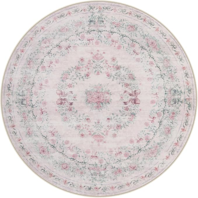 Wonnitar Bow Print Washable 4ft Round Rug, Pink Circle Rug for Girl Nursery Decor, Non Slip Ultra-Thin Soft Boho Floral Small Cute Circular Carpet for Kids Bedroom Baby Room, Light Pink