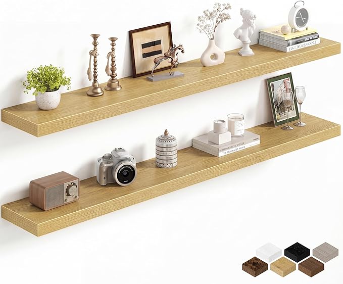 Fun Memories 60Inch Long Floating Shelves, 8 Inch Deep Shelves for Bedroom|Living Room, Wall Mounted Wood Hanging Shelf with Invisible Brackets for Fireplace Mantel Home Storage Decor, Oak - 2 Pack