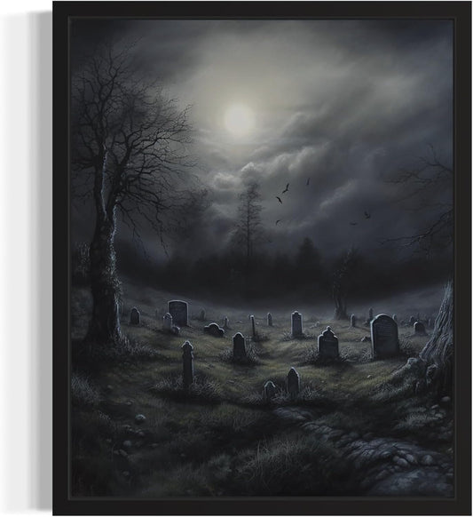 Gothic Graveyard Poster Art Print, Halloween Scary Vintage Wall Art Academia Spooky Painting Decoration for Horror Prints, Posters Bedroom Decor 89 (Gothic Graveyard, 16 x 20 inches, Black Frame)