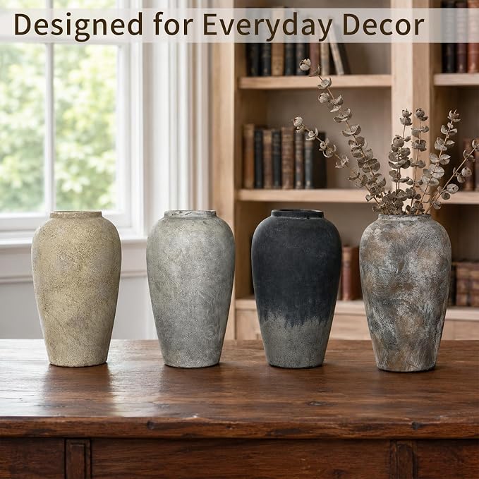 12 Inch Ceramic Rustic Vase, White Grey Farmhouse Flower Vases for Centerpieces & Home Decor, Handmade Pottery Vase for Living Room, Bedroom & Wedding Decor, Vintage Ceramic Vases for Gifts