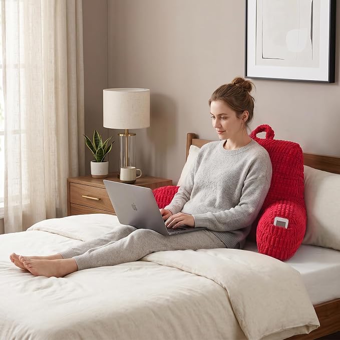 Large Reading Pillow for Sitting Up with Arms,Red Corduroy | Back Pillow for Adults Backrest,19" Sitting Pillow Supports Reading,Gaming & Relaxing in Bed,Couch,Floor Corners