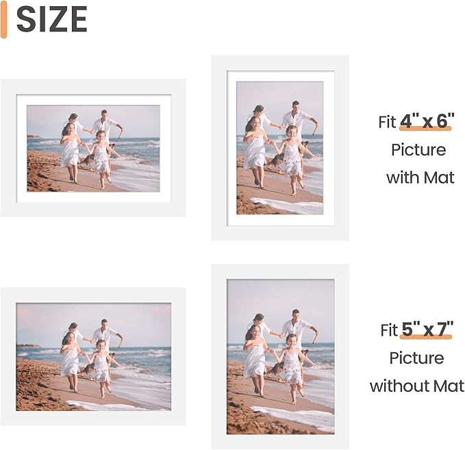 upsimples 5x7 Picture Frame Set of 10, Display Pictures 4x6 with Mat or 5x7 Without, Multi Photo Frames Collage for Wall or Tabletop Display, White