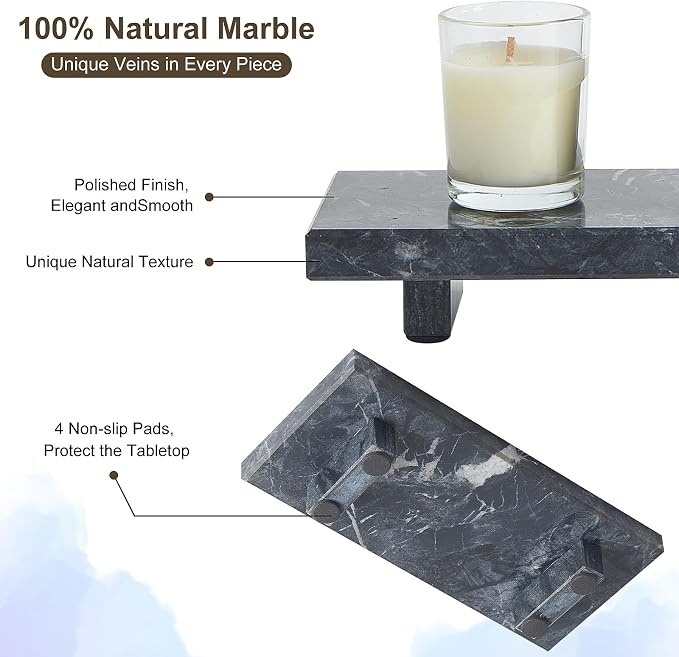 Natural Marble Tray Pedestal Stand – Soap & Jewelry Riser for Bathroom Counter, Kitchen Sink, Vanity Organizer, Decorative Stone Catchall for Perfume, Candles (Black, 8.7" x 4" x 1.6")