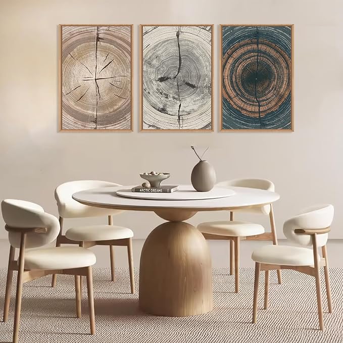 Vintage Beige Tan Tree Ring Framed Canvas Wall Art Set,Modern Neutral Gray Wood Stump Wall Decor,Rustic Wooden Tree Spiral Artwork for Living Room,Bedroom,Farmhouse-24 x36 x3