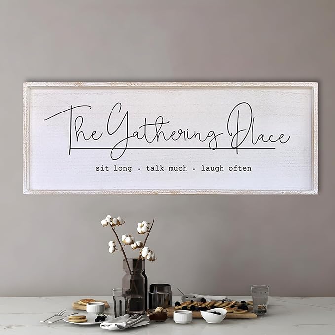 The Gathering Place Wall Decor Sign 40"x15" Large Family Dining Room Vintage Wooden Framed Country Farmhouse Simple And Rustic Hanging For Kitchen Home Wall Art Decoration (White)