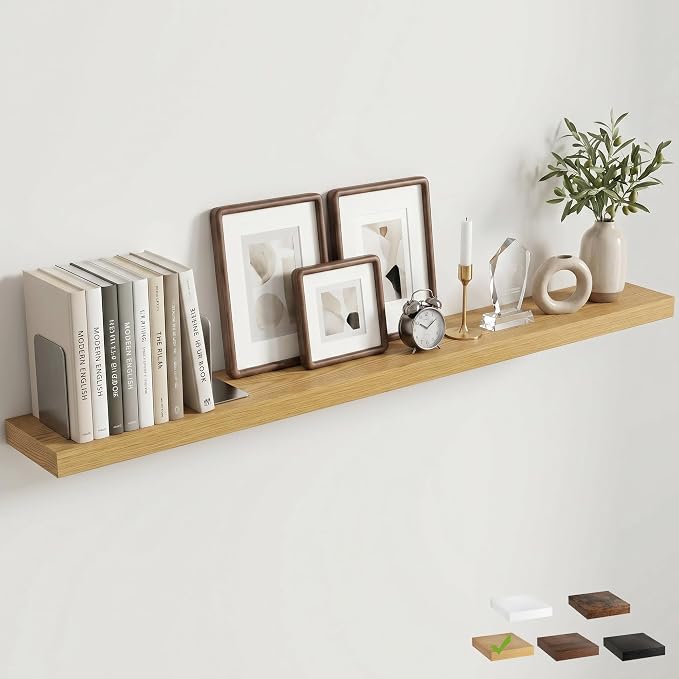 Venusmiles Floating Shelves for Wall, 55 Inch Floating Shelves Set of 1, 6.5" D Wooden Wall Mounted Display Shelves with Invisible Brackets for Living Room, Bedroom, Bathroom, Kitchen Decor, Oak