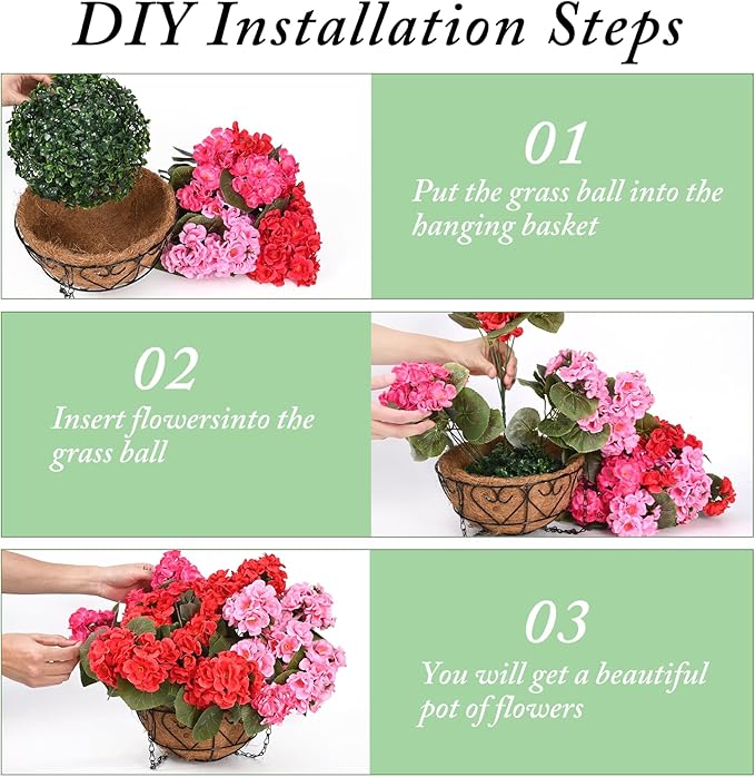 Waipfaru 2 Set Artificial Geraniums for Outdoors with Hanging Baskets, 12 Bundles UV Resistant Artificial Outdoor Plants, Fake Flowers for Spring Front Porch Home Patio Balcony Yard Decor, Mixing