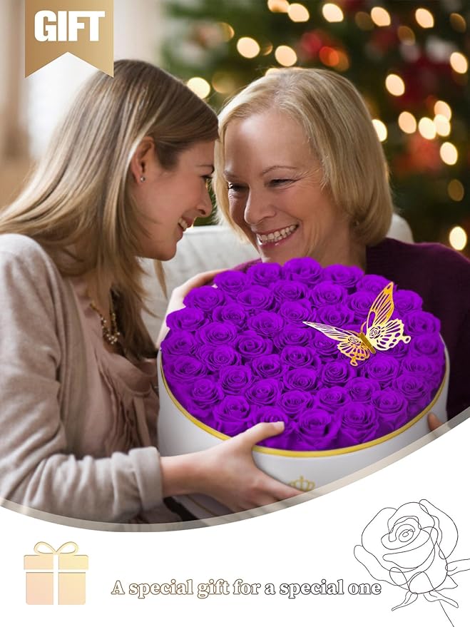 47 Preserved Roses Forever Flowers Real Roses in a Box Mother's Day Birthday Flowers for Her Mom Women Wife Valentine's Day, Purple Roses