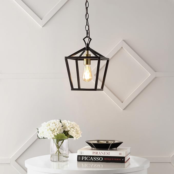 JONATHAN Y 8" Oil Rubbed Bronze/Brass Gold Lantern Pendant Light, 1-Light Pagoda Style Metal Cage Farmhouse Hanging Ceiling Fixture for Kitchen Island, LED Bulb Included (JYL7618C)