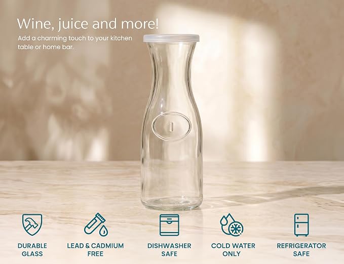 Kook Mini Glass Carafes with Lids, Small Beverage Pitchers for Fridge, Jugs for Water, Wine, Milk, Juice, 24 oz, Set of 4
