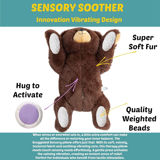 Lunapuer Bear Sensory Weighted Vibrating Pillow, Pressure Activated for Kids Adults, Plush Minky Soft Size: 11 by 20 inches Pillow Animal, Calming Therapy for Focus and Balance for Gift Birthday