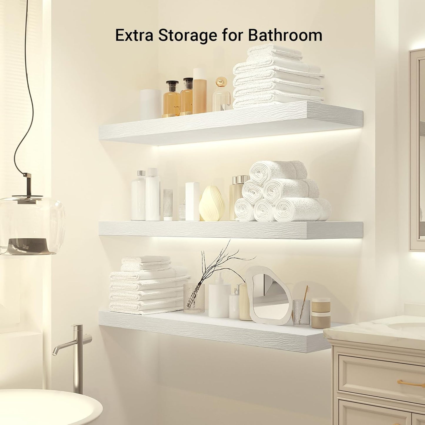 Heimlove 12 Inch Deep Floating Shelves, 48 x 12 inches Long, Large Display & Storage Shelf, Rustic Wood Wall Shelves for Fireplace Mantel, Set of 1(White)