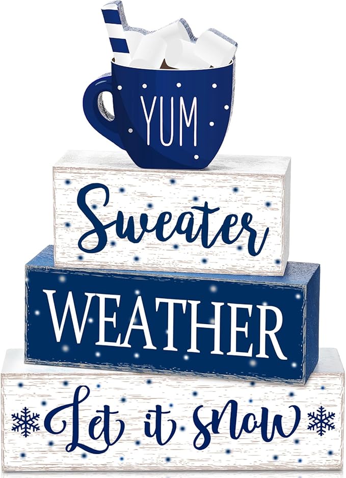 Marsui 4 Pcs Winter Wooden Tabletop Let It Snow Tiered Tray Decor Snowflakes Decorative Wood Block Sign Gift Farmhouse Christmas Table Centerpiece for Home Indoor Holiday