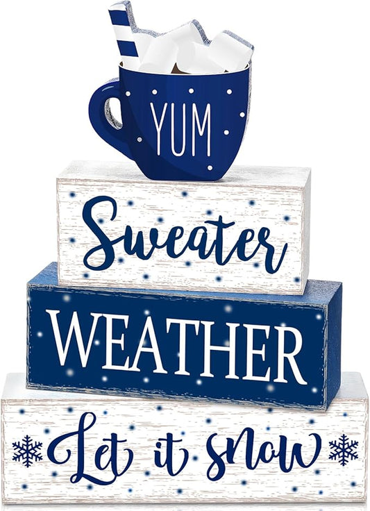 Marsui 4 Pcs Winter Wooden Tabletop Let It Snow Tiered Tray Decor Snowflakes Decorative Wood Block Sign Gift Farmhouse Christmas Table Centerpiece for Home Indoor Holiday