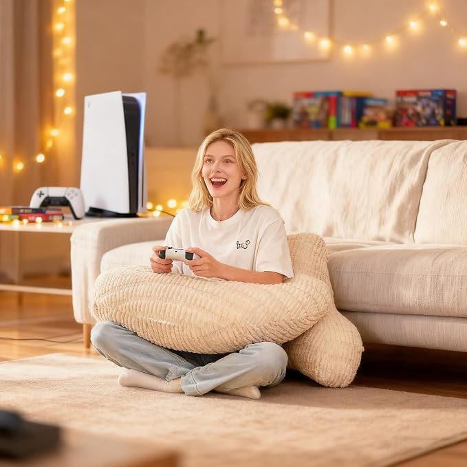 19" Reading Pillow for Bed,U Shaped Arm & Elbow Support,White Corduroy | Backrest Supports Back,U Shaped Lap Pillow Cushions Arms,Elbows & Wrists,Ribbed Corduroy for Reading,Gaming,Watching TV