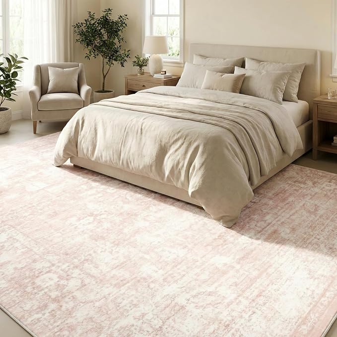 Homemate Washable Rug 10x14 Area Rugs - Vintage Faux Wool Rugs for Living Room Bedroom Dining Room - Non Slip Foldable Carpet Indoor Area Rug for Home Decor（10'x14', Pink