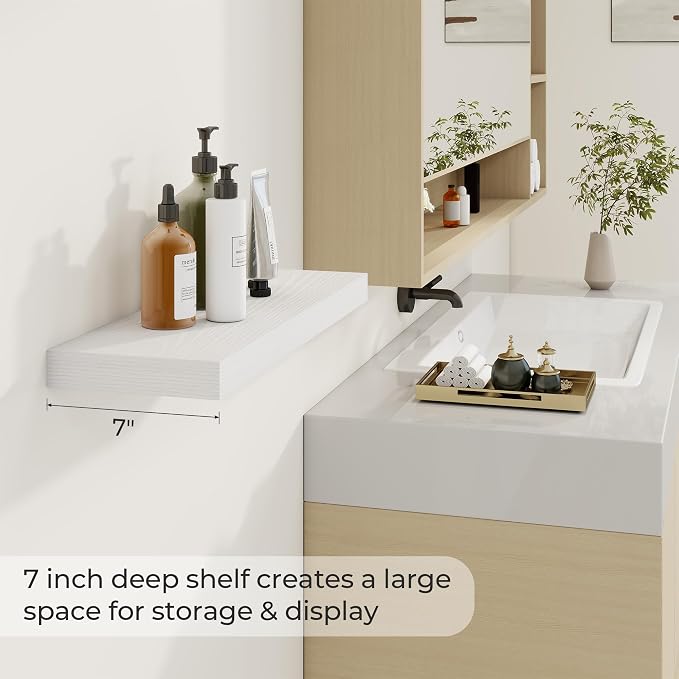 Dreamland 24Inch White Floating Shelves 6.7" Deep Wall Mounted Set of 2 | Wall shelves for bathroom, bedroom, kitchen, deep wall mount wood storage display for home decor 24" x 6.7"
