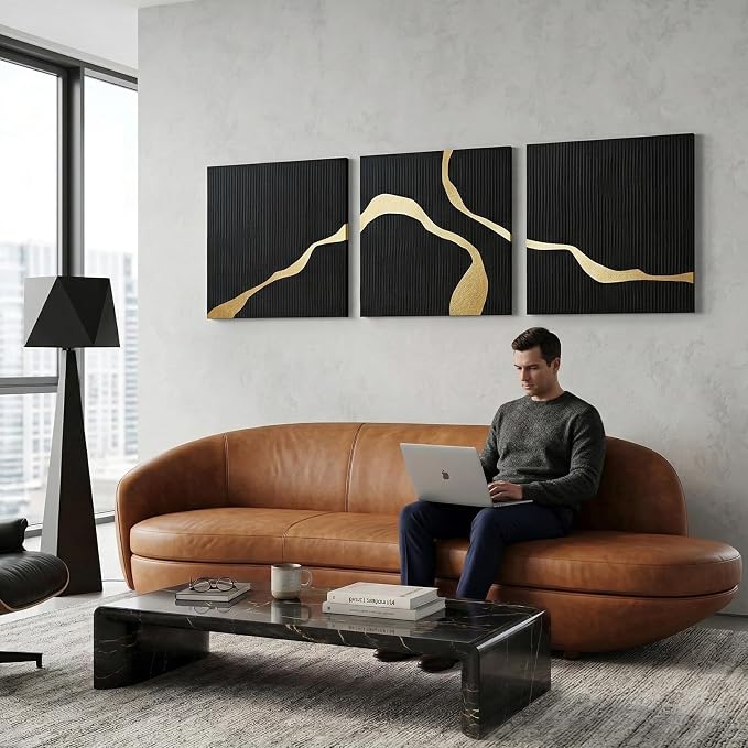 3-Piece Black Abstract Canvas Wall Art Set, Modern Minimalist Wall Decor | Textured Oil Painting Triptych for Living Room Bedroom Office Dining Room, Contemporary Hand-Painted Wall Art,30x30 In Each