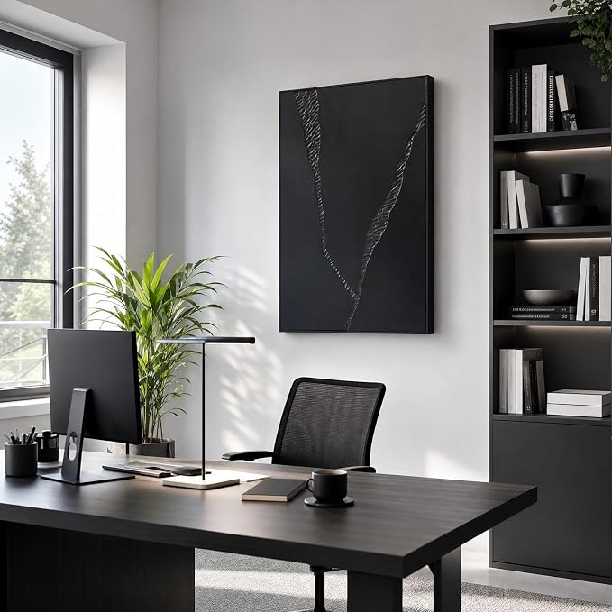 SAFERRYHOME Black 3D Textured Abstract Minimalist Wall Art, 24"x36" Framed | Large Black Modern Framed Wall Decor, Contemporary Painting Artwork for Home Office Living Room Hallway, 24"x36"