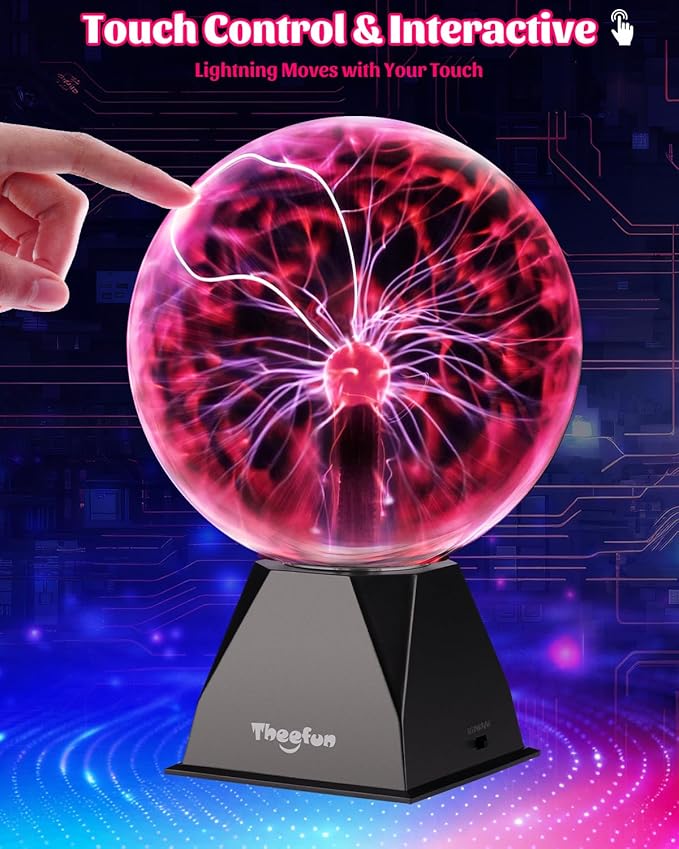Theefun Plasma Ball: 8 Inch Huge Plasma Globe Birthday Gifts Touch & Sound Sensitive Ball Lamp Electric Lightning Novelty Light for Parties, Home, Prop, Room Decoration