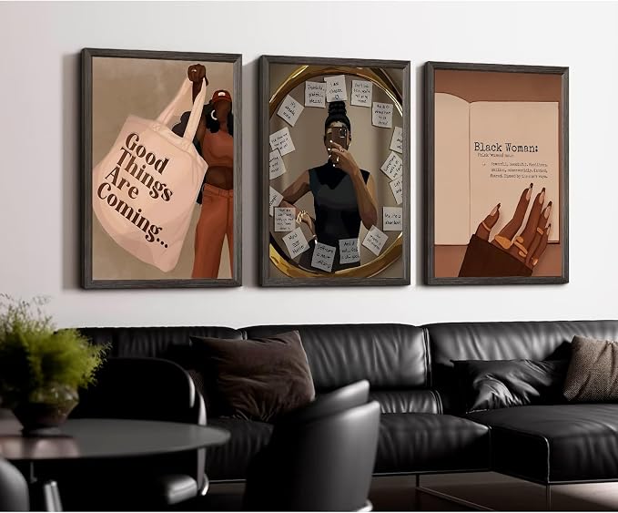 Black Girl Wall Art African American Woman Canvas Wall Decor Black Female Wall Art Fashion Women Poster Feminine Boho Pictures Abstract People Paintings for Bedroom Bathroom 16x24 Inch Framed Set of 3