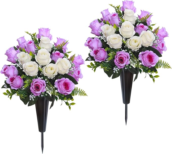 Lodou Set of 2 Artificial Cemetery Flowers, Memorial Flowers Bouquet,Grave Memorial Flowers with Vase for Cemetery Headstones Decoration (Purple White)