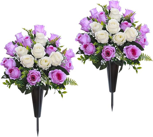 Lodou Set of 2 Artificial Cemetery Flowers, Memorial Flowers Bouquet,Grave Memorial Flowers with Vase for Cemetery Headstones Decoration (Purple White)