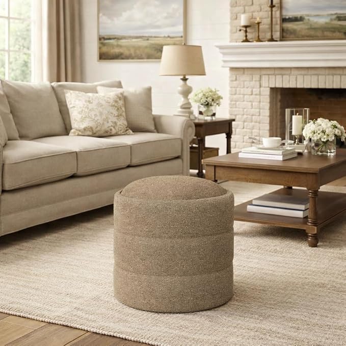 HomePop Storage Round Ottoman with Removable Lid |Homepop Home Décor|Upholstered Round Foot Rest Ottoman - Brown Boucle