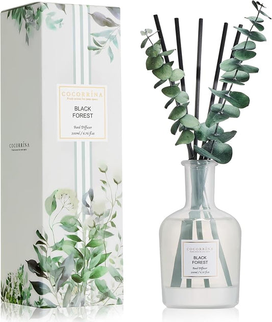 COCORRÍNA Black Forest Reed Diffuser – 6.76 oz Essential Oil with 8 Reeds & Real Eucalyptus Sticks, Home Fragrance for Bedroom or Bathroom Décor