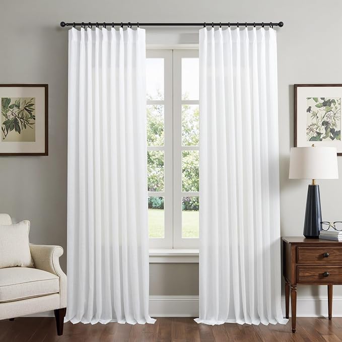 Pinch Pleat Extra Wide White Linen Curtains 84 Inches Long for Patio Sliding Glass Door 60 Inch Wide Pleated Drape Hooks Rings Semi Sheer 60x84 Curtain for Living Room Farmhouse Decor 2 Panel Back Tab