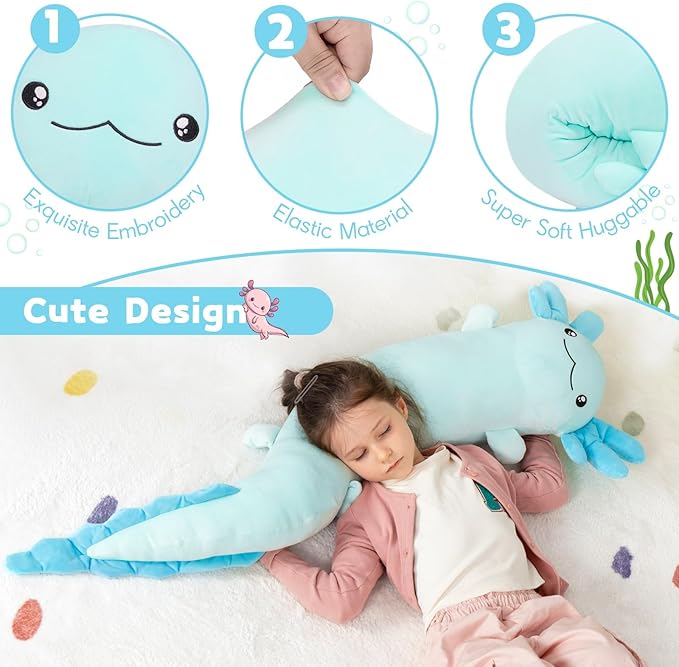MaoGoLan Giant Axolotl Plush Body Pillow, Big Axolotl Stuffed Animal, XL Salamander Plush Pillow Toy for Kids, Glow in The Dark Salamander Plushies, Birthday Easter Gift, Baby Shower Decor, Blue