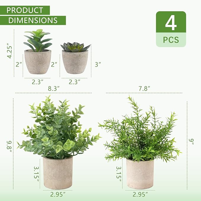 ALAGIRLS 4 Pack Small Fake Plants, 10" Artificial Plants Indoor Eucalyptus/Rosemary/Succulents, Small Faux Plants in Pulp Pot,for Farmhouse Decor, for Bathroom Bedroom Kitchen Office Living Room Decor