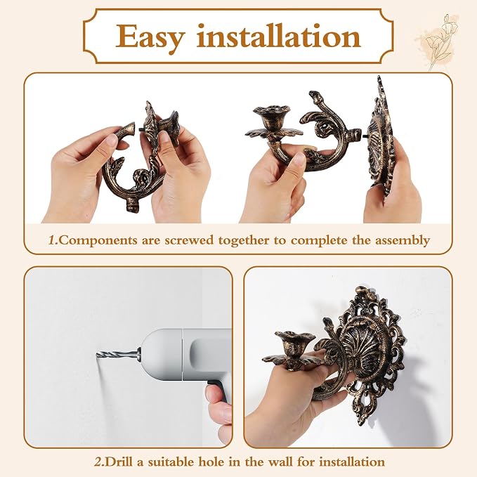 Polifish Antique Gold Wall Candle Holder Set of 2, Vintage Taper Candle Wall Sconce, Cast Iron Candlestick Holders Decor for Living Room, Fireplace and Yard Channel