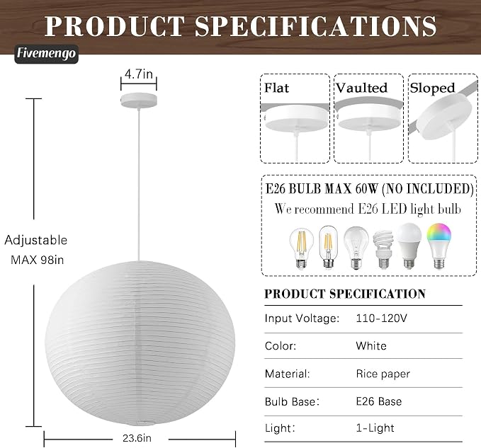 Large Rice Paper Pendant Light Kit, 23.6in White Globe Paper Lantern Lights, E26 Base, Japanese Hanging Lantern Lamp Japandi Chandelier for Dining Room Bedroom Office Living Room