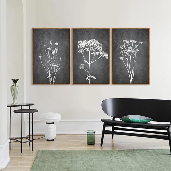 Tinonedraw Black and White Floral Framed Canvas Wall Art Set, Vintage Flower Wall Decor, Dark Academia Minimalist Botanical Art Paintings, Wildflower Art Print for Living Room Bedroom Office 16"x24"x3