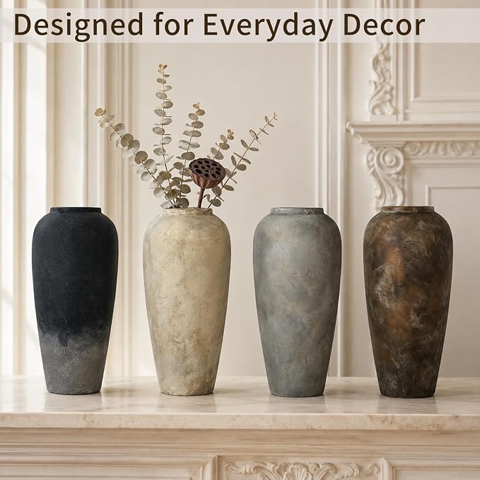 15 Inch Farmhouse Ceramic Rustic Vase, White Grey Flower Vases for Centerpieces & Home Decor, Handmade Pottery Vases for Living Room, Bedroom & Wedding Decor, Vintage Ceramic Vase for Gifts
