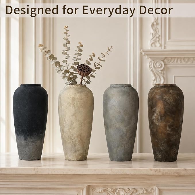 15 Inch Farmhouse Decor Ceramic Rustic Vase,Beige Handmade Flower Vases for Centerpieces,Pottery Vase for Living Room,Kitchen & Bedroom Decor,Vintage Ceramic Vases for Wedding