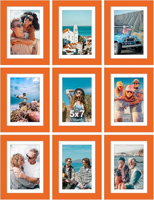 Vittanly 5x7 Picture Frames Set of 9, Shatter Resistant Plexiglass, Display 4x6 Pictures with Mat or 5x7 without Mat, Photo Frames for Wall or Tabletop, Engineered Wood, Orange